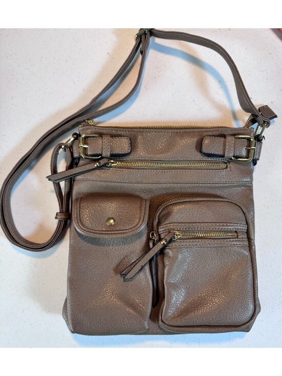 None Handbags - Multi Pocket Faux Leather Crossbody Purse Brown Taupe Adjustable Strap